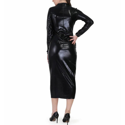 Shiny Metallic Midi Dress for Womens Mock Neck Long Sleeve Solid Color Bodycon Dress Elegant and Versatile for Evening Clubwear