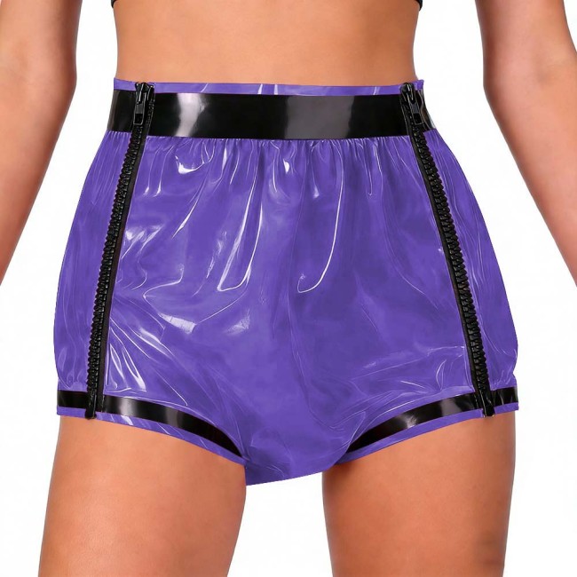Adult Baby Diaper Pants Sexy Glossy Double Zipper Patchwork Shorts Masquerade Panites Underwear Wet Look Underpants Diaper Cover