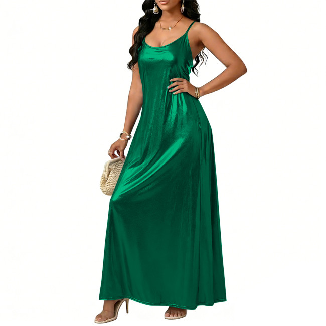 Plus Size Liquid Metallic Maxi Dresses Women Sexy Sling Backless Dress 8XL Spring Summer Sleeveless Flared Long Dresses Clubwear