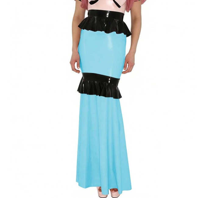 Shiny PVC Mermaid Maxi Skirt with Contrasting Ruffled Trim High Waist Glossy Leather Floor-Length Skirt for Party Formal Events