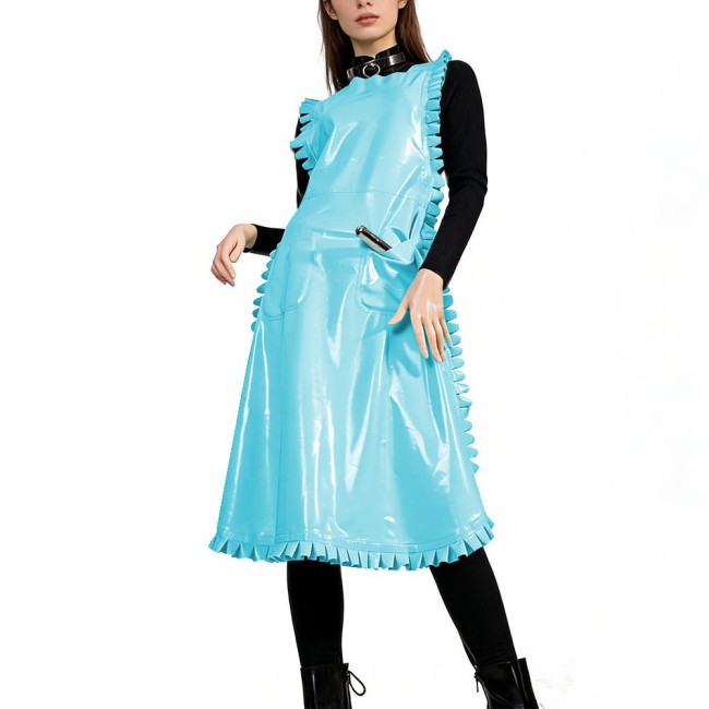 Glossy PVC Leather Nurse Maid Apron Ruffled Edge Pocket Cross Back Cosplay Apron Party Club Work Services Bib Outfit Accessories