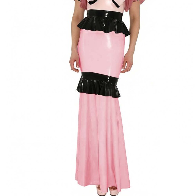 Shiny PVC Mermaid Maxi Skirt with Contrasting Ruffled Trim High Waist Glossy Leather Floor-Length Skirt for Party Formal Events