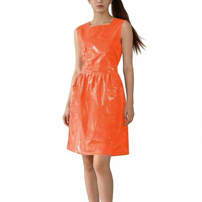 Glossy Patent Leather Sleeveless Short Dress for Womens Party Club Maid Cosplay Outfits PVC Shiny Square Collar Flared Dresses