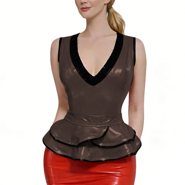 Plus Szie PVC Shiny Peplum Tops for Womens Sleeveless V-Neck Wet Look Blouse Ruffled Hem Tank Top Fetish Clubwear Party Outfits