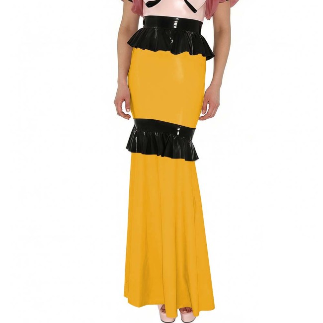 Shiny PVC Mermaid Maxi Skirt with Contrasting Ruffled Trim High Waist Glossy Leather Floor-Length Skirt for Party Formal Events