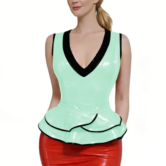 Plus Szie PVC Shiny Peplum Tops for Womens Sleeveless V-Neck Wet Look Blouse Ruffled Hem Tank Top Fetish Clubwear Party Outfits