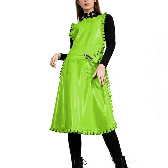 Glossy PVC Leather Nurse Maid Apron Ruffled Edge Pocket Cross Back Cosplay Apron Party Club Work Services Bib Outfit Accessories