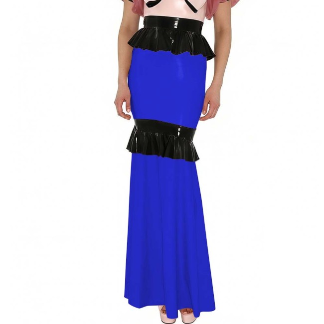 Shiny PVC Mermaid Maxi Skirt with Contrasting Ruffled Trim High Waist Glossy Leather Floor-Length Skirt for Party Formal Events