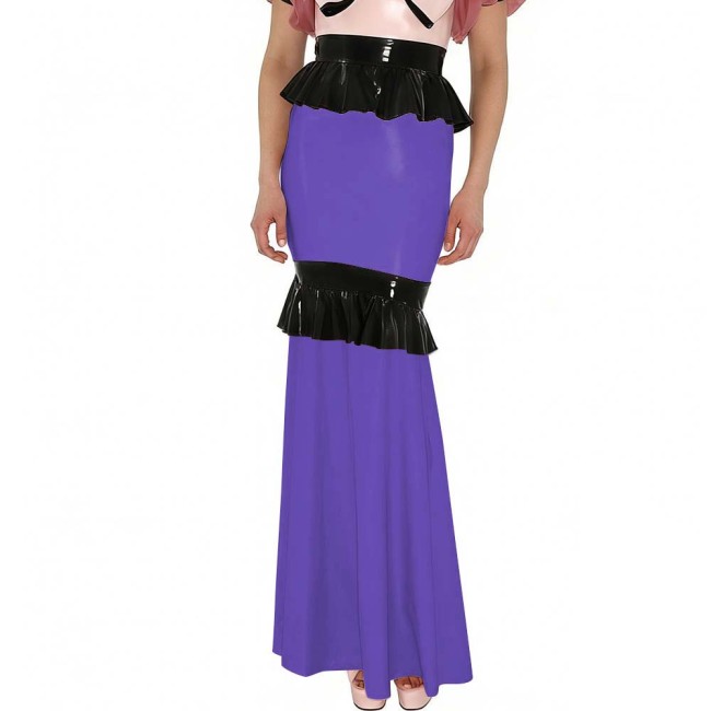 Shiny PVC Mermaid Maxi Skirt with Contrasting Ruffled Trim High Waist Glossy Leather Floor-Length Skirt for Party Formal Events