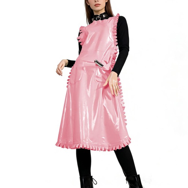 Glossy PVC Leather Nurse Maid Apron Ruffled Edge Pocket Cross Back Cosplay Apron Party Club Work Services Bib Outfit Accessories