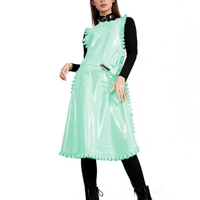 Glossy PVC Leather Nurse Maid Apron Ruffled Edge Pocket Cross Back Cosplay Apron Party Club Work Services Bib Outfit Accessories