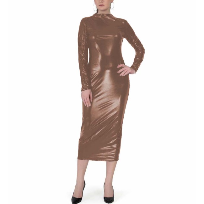 Shiny Metallic Midi Dress for Womens Mock Neck Long Sleeve Solid Color Bodycon Dress Elegant and Versatile for Evening Clubwear