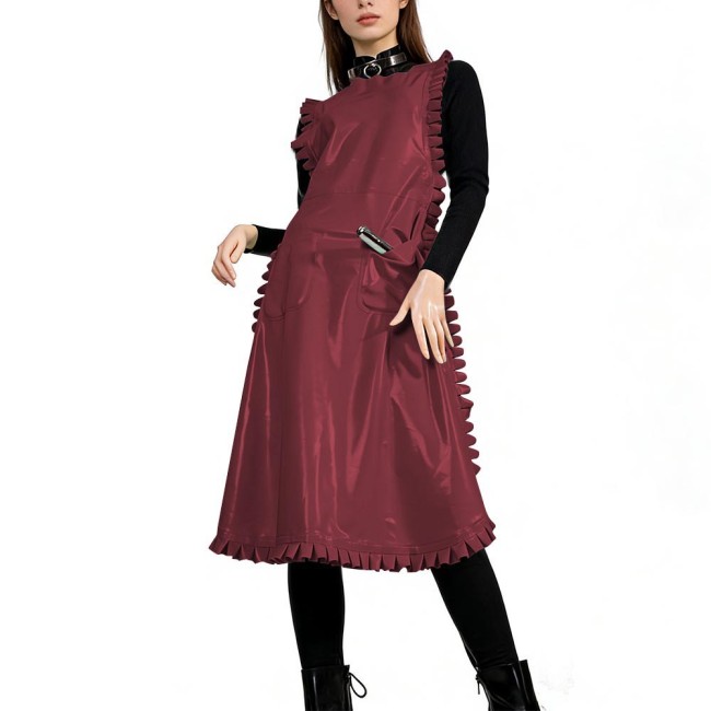 Glossy PVC Leather Nurse Maid Apron Ruffled Edge Pocket Cross Back Cosplay Apron Party Club Work Services Bib Outfit Accessories
