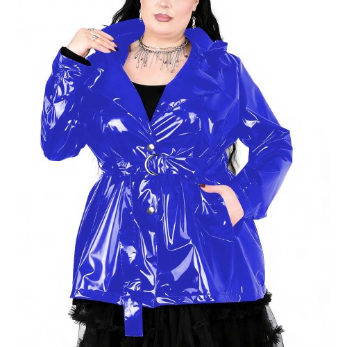 Plus Size Womens Gothic Lapel Hooded Trench Coat Long Sleeves PVC Shiny Leather Coat with Buckle Belt Fashion Street Outfits