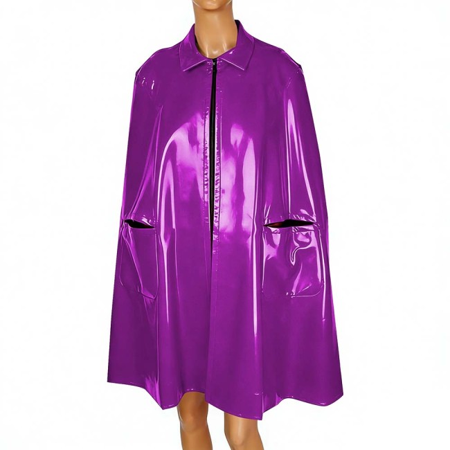 Smooth Latex-Like PVC Mid-Length Cape Coat Unisex Sleeveless Front Zipper Cloak Tops Shiny Faux Leather Loose Jackets Clubwear