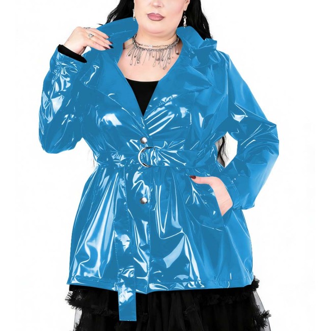 Plus Size Womens Gothic Lapel Hooded Trench Coat Long Sleeves PVC Shiny Leather Coat with Buckle Belt Fashion Street Outfits