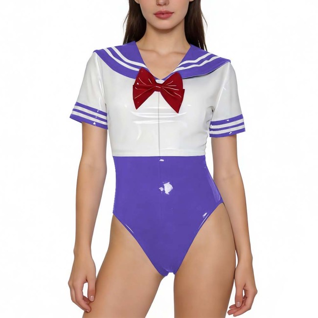 Women Adult Anime-style Sailor Outfits Party Patchwork Rompers Shiny PVC Leather Short Sleeve One-piece Bodysuit for Cosplay 7XL