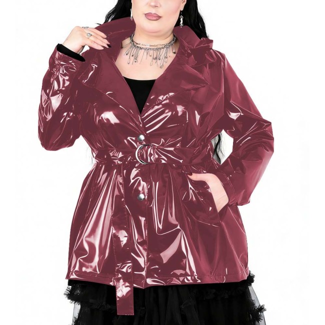 Plus Size Womens Gothic Lapel Hooded Trench Coat Long Sleeves PVC Shiny Leather Coat with Buckle Belt Fashion Street Outfits