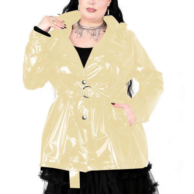 Plus Size Womens Gothic Lapel Hooded Trench Coat Long Sleeves PVC Shiny Leather Coat with Buckle Belt Fashion Street Outfits
