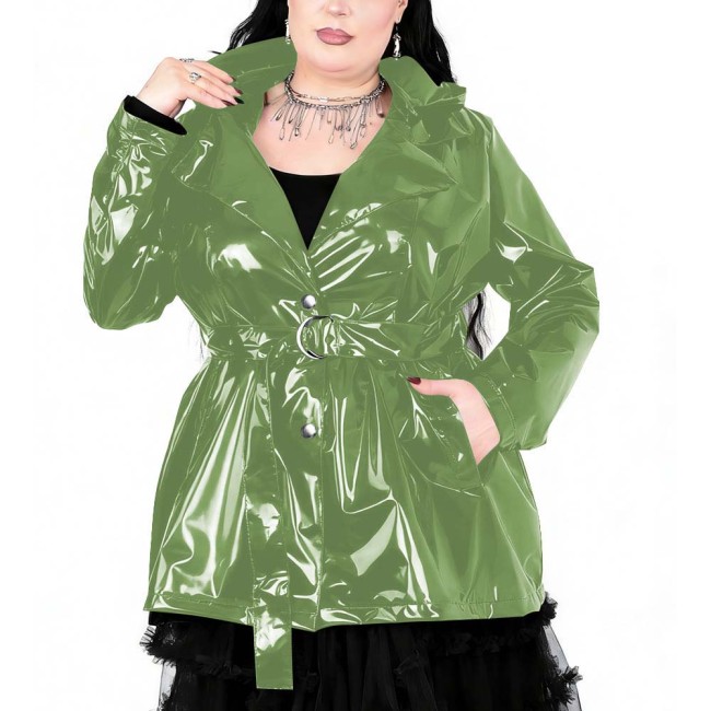 Plus Size Womens Gothic Lapel Hooded Trench Coat Long Sleeves PVC Shiny Leather Coat with Buckle Belt Fashion Street Outfits