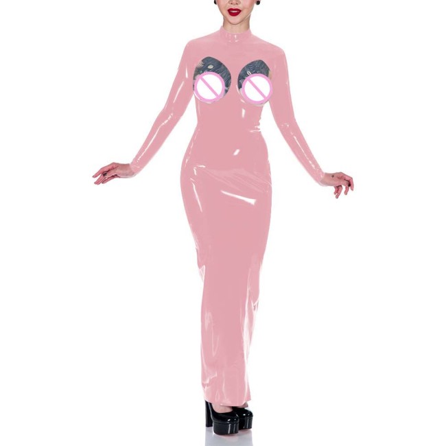 Exotic Glossy PVC Maxi Dresses Sexy Cutout Long Sleeve High Neck Bodycon Dress Wetlook Clubwear Sissy Sex Plays Spanking Outfits
