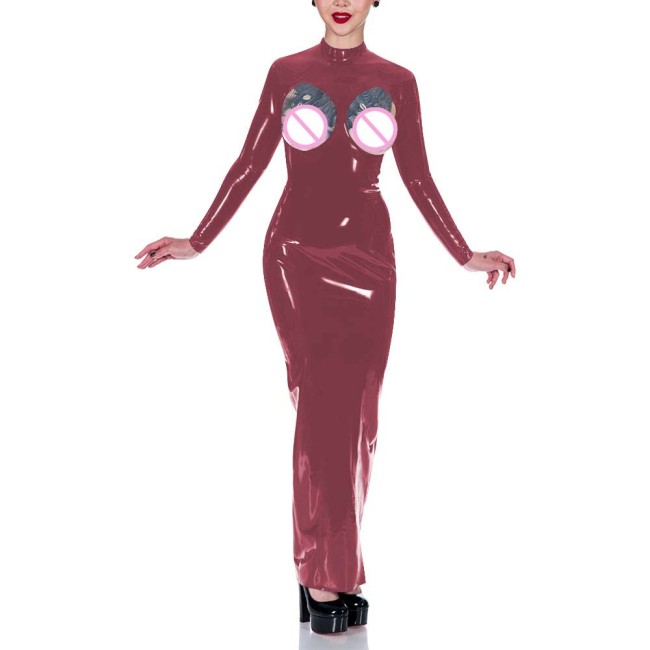 Exotic Glossy PVC Maxi Dresses Sexy Cutout Long Sleeve High Neck Bodycon Dress Wetlook Clubwear Sissy Sex Plays Spanking Outfits