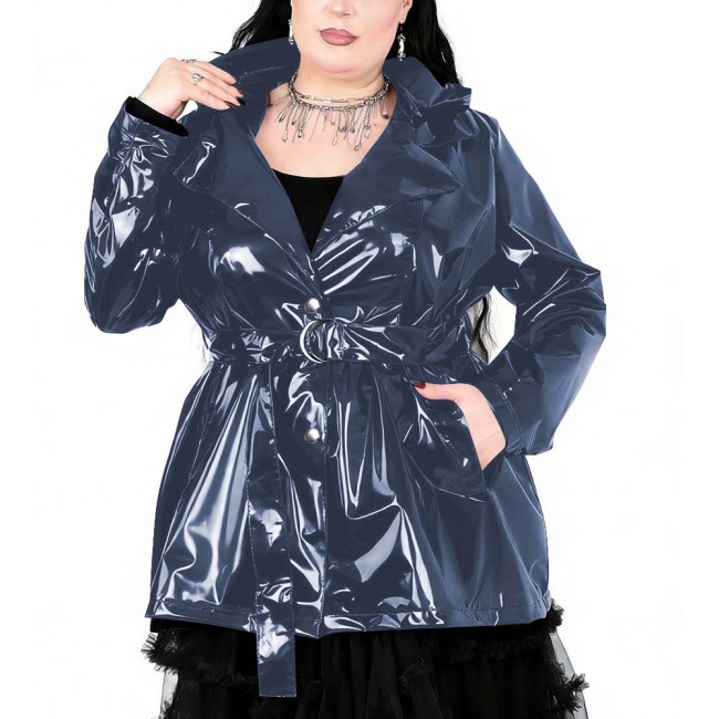 Plus Size Womens Gothic Lapel Hooded Trench Coat Long Sleeves PVC Shiny Leather Coat with Buckle Belt Fashion Street Outfits