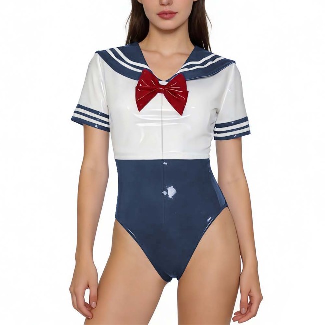 Women Adult Anime-style Sailor Outfits Party Patchwork Rompers Shiny PVC Leather Short Sleeve One-piece Bodysuit for Cosplay 7XL