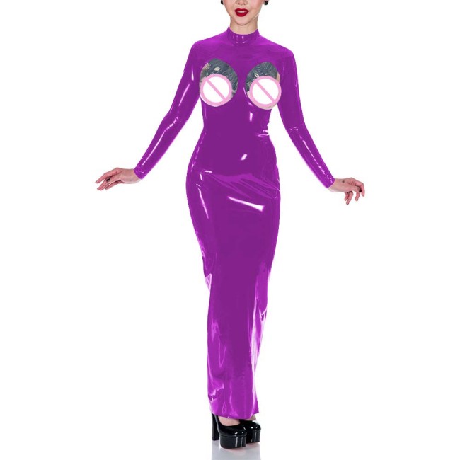 Exotic Glossy PVC Maxi Dresses Sexy Cutout Long Sleeve High Neck Bodycon Dress Wetlook Clubwear Sissy Sex Plays Spanking Outfits