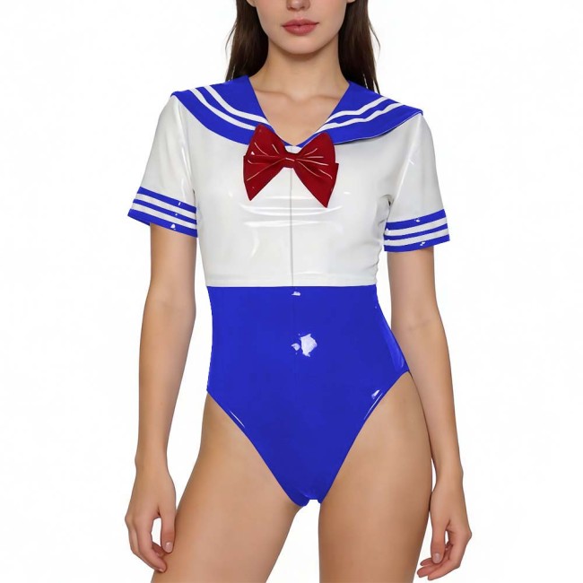 Women Adult Anime-style Sailor Outfits Party Patchwork Rompers Shiny PVC Leather Short Sleeve One-piece Bodysuit for Cosplay 7XL