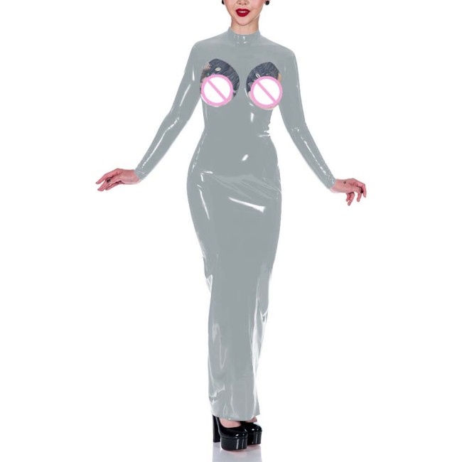 Exotic Glossy PVC Maxi Dresses Sexy Cutout Long Sleeve High Neck Bodycon Dress Wetlook Clubwear Sissy Sex Plays Spanking Outfits