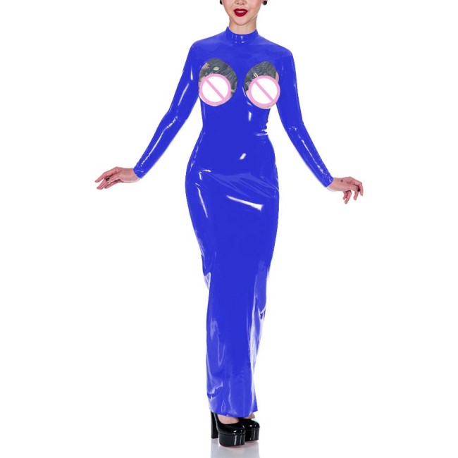 Exotic Glossy PVC Maxi Dresses Sexy Cutout Long Sleeve High Neck Bodycon Dress Wetlook Clubwear Sissy Sex Plays Spanking Outfits