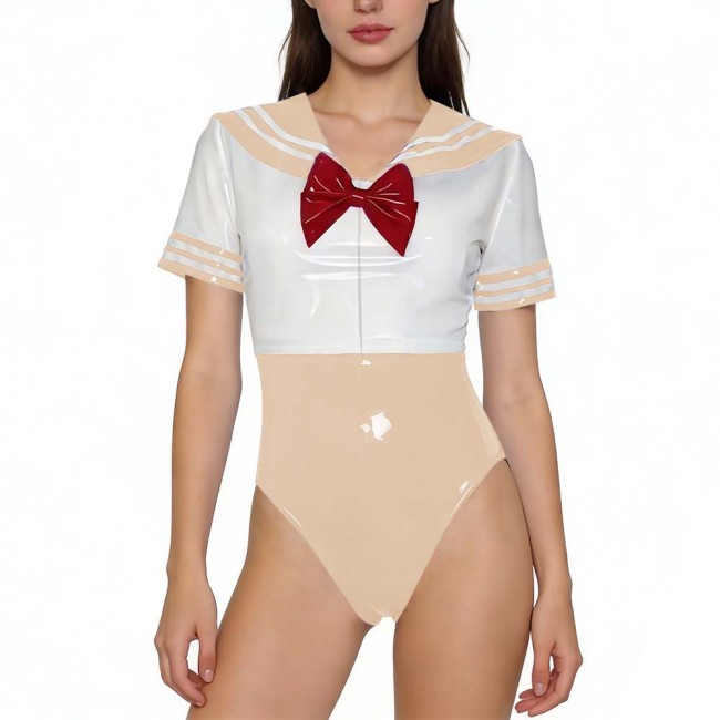 Women Adult Anime-style Sailor Outfits Party Patchwork Rompers Shiny PVC Leather Short Sleeve One-piece Bodysuit for Cosplay 7XL
