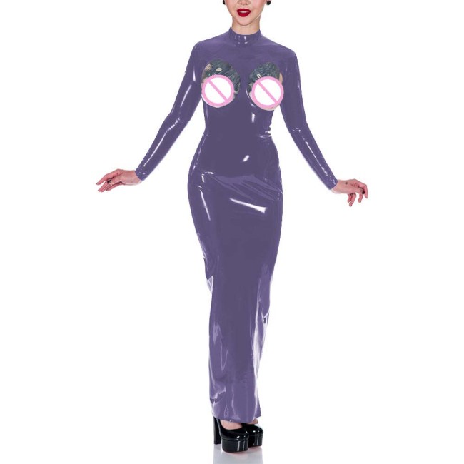 Exotic Glossy PVC Maxi Dresses Sexy Cutout Long Sleeve High Neck Bodycon Dress Wetlook Clubwear Sissy Sex Plays Spanking Outfits