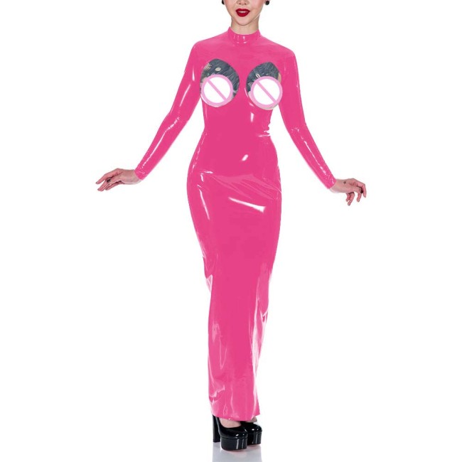 Exotic Glossy PVC Maxi Dresses Sexy Cutout Long Sleeve High Neck Bodycon Dress Wetlook Clubwear Sissy Sex Plays Spanking Outfits