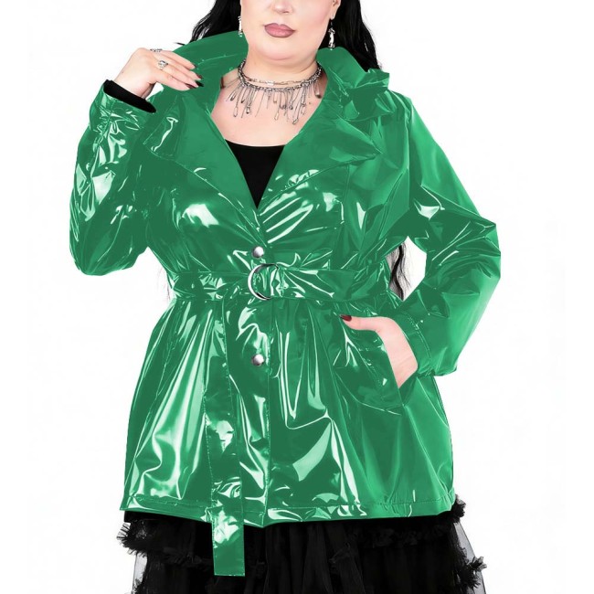 Plus Size Womens Gothic Lapel Hooded Trench Coat Long Sleeves PVC Shiny Leather Coat with Buckle Belt Fashion Street Outfits