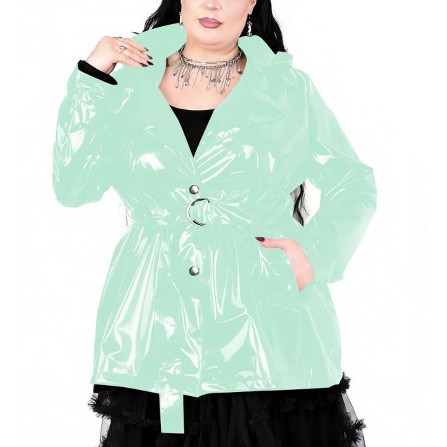 Plus Size Womens Gothic Lapel Hooded Trench Coat Long Sleeves PVC Shiny Leather Coat with Buckle Belt Fashion Street Outfits