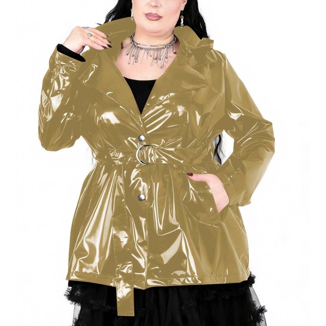 Plus Size Womens Gothic Lapel Hooded Trench Coat Long Sleeves PVC Shiny Leather Coat with Buckle Belt Fashion Street Outfits