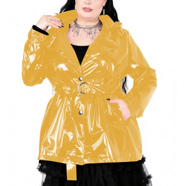 Plus Size Womens Gothic Lapel Hooded Trench Coat Long Sleeves PVC Shiny Leather Coat with Buckle Belt Fashion Street Outfits