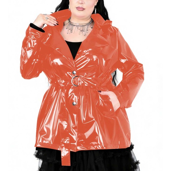 Plus Size Womens Gothic Lapel Hooded Trench Coat Long Sleeves PVC Shiny Leather Coat with Buckle Belt Fashion Street Outfits