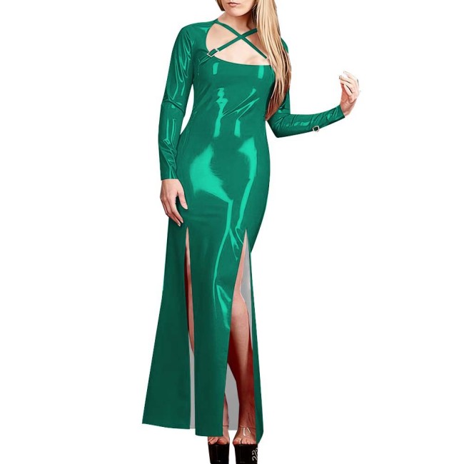 Smooth PVC Leather Maxi Dress with Crisscross Straps Plus Size Sexy High Slit Long Sleeves Dress Club Mistress Gown Fetish Robe