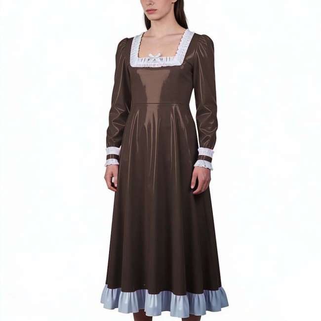 Glossy PVC Leather Vintage Long Dress with Ruffles Trim Elegant Long Sleeve Square Neck Retro Gown Party Cosplay Crossdressers