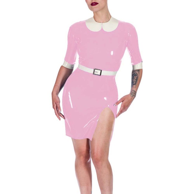 Plus Size Womens PVC Vinyl Leather Bodycon Mini Dress Rave Party Performance Short Dresses Ladies Patchwork Front Slit Clubwear