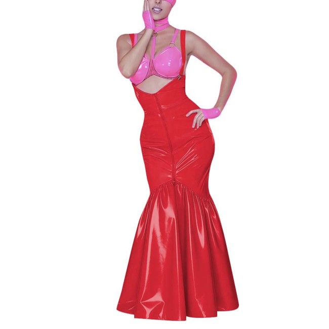 Women's Shiny PVC Mermaid Maxi Dress for Party Performance Sexy Overalls Dress Open Chest Backless Straps Glossy Dress Clubwear
