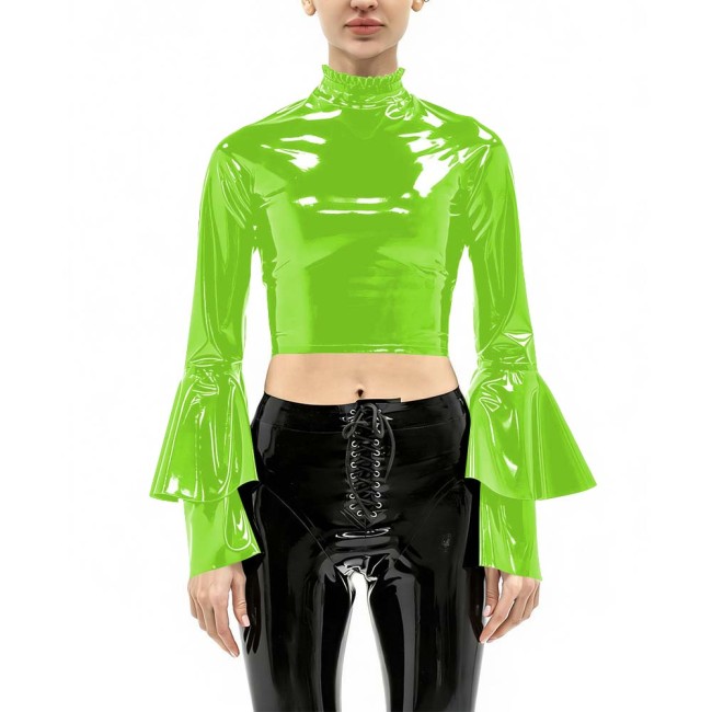 Women's Vinyl Crop Top Open Back Clubwear High Neck Ruffle Trim Party Music Bell Sleeves T-shirts Sexy Glossy Long Sleeve Tops