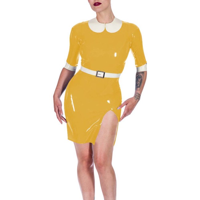 Plus Size Womens PVC Vinyl Leather Bodycon Mini Dress Rave Party Performance Short Dresses Ladies Patchwork Front Slit Clubwear