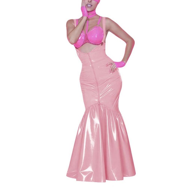 Women's Shiny PVC Mermaid Maxi Dress for Party Performance Sexy Overalls Dress Open Chest Backless Straps Glossy Dress Clubwear