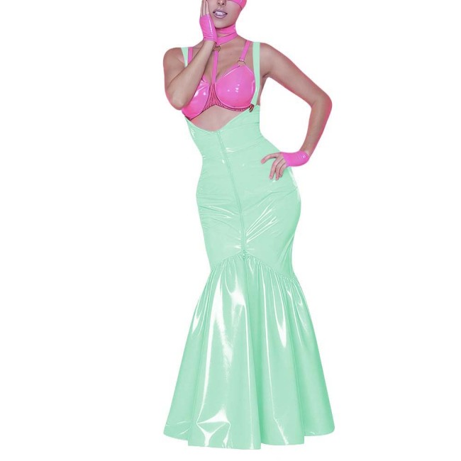 Women's Shiny PVC Mermaid Maxi Dress for Party Performance Sexy Overalls Dress Open Chest Backless Straps Glossy Dress Clubwear