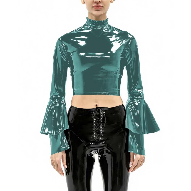 Women's Vinyl Crop Top Open Back Clubwear High Neck Ruffle Trim Party Music Bell Sleeves T-shirts Sexy Glossy Long Sleeve Tops