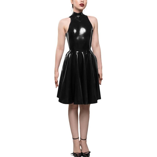 Womens PVC Shiny High Waist A-Line Dress Fashion Sleeveless Flared Skater Mini Dress Elegant Pleated Party Dresses Sissy Vestido
